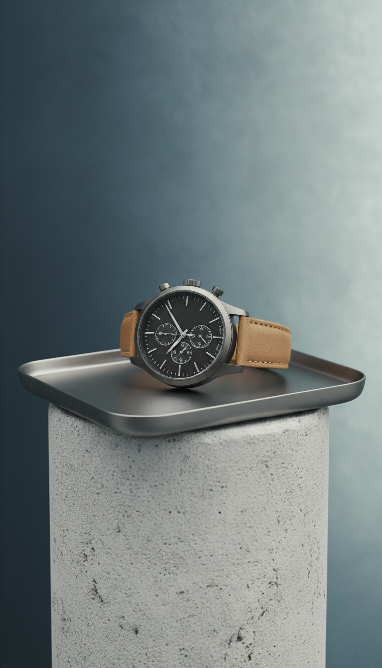 Charcoal Classic Chronograph, Single watch presented on a brushed stone pedestal or matte metal tray; camera angle is...