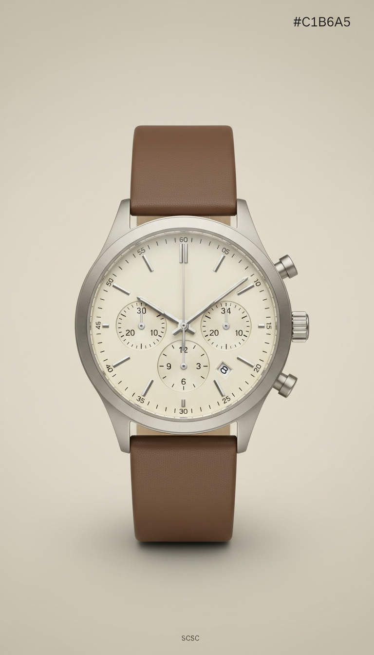 Ivory Taupe Chronograph wristwatch, Default angle: elegant 3/4 wrist perspective or watch placed on textured surface at a...