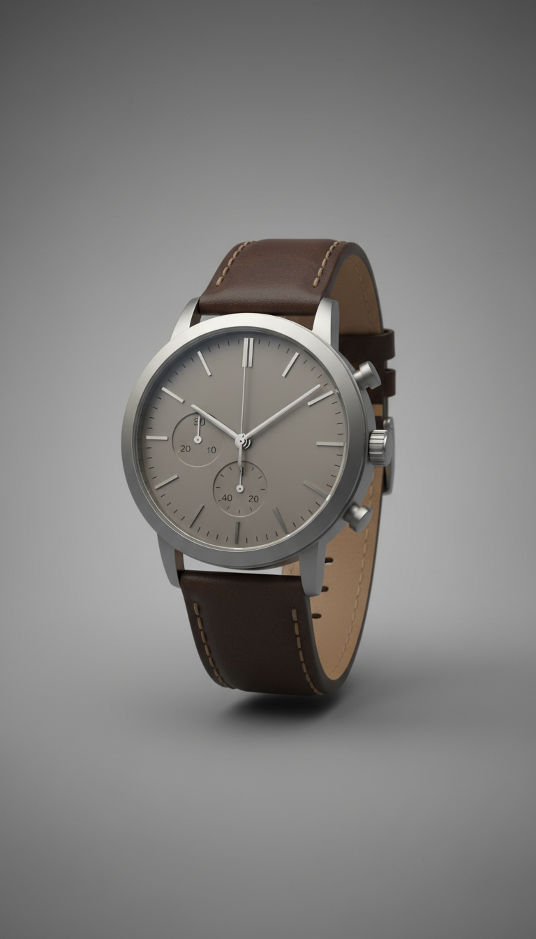 Leather strap watch, Use a 3/4 angle for the watch to capture the face and part of the strap, showcasing both the...