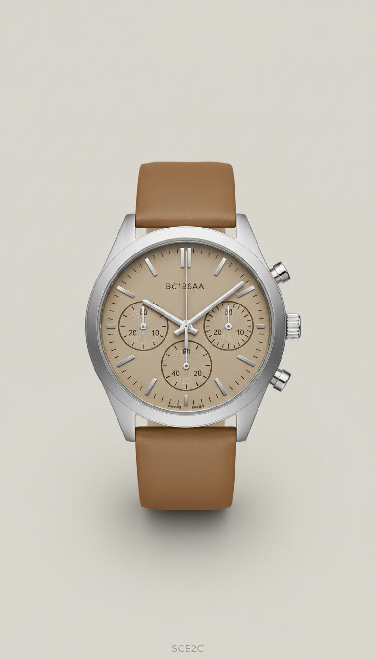Silver Mist Case Chronograph wristwatch, Default angle: elegant 3/4 wrist perspective or watch placed on textured surface...