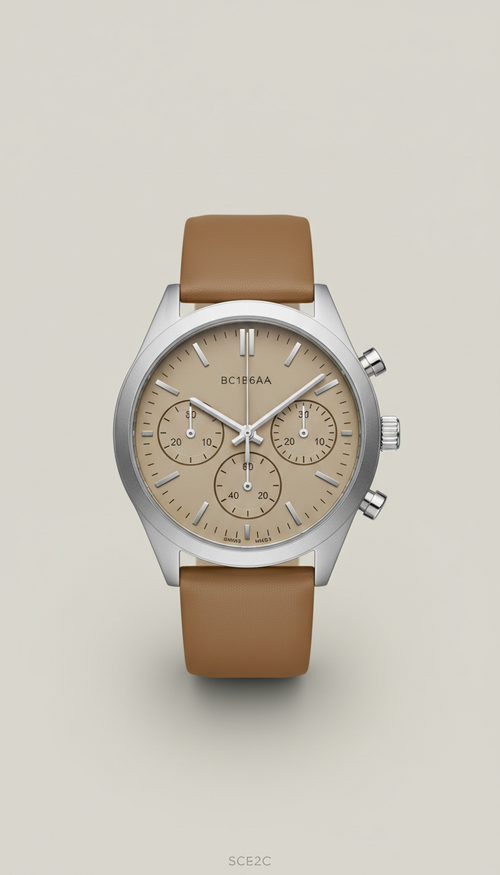 Silver Mist Case Chronograph wristwatch, Default angle: elegant 3/4 wrist perspective or watch placed on textured surface...