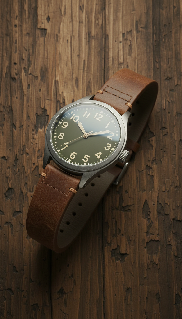 Alternate angle view of Leather Strap Field Watch
