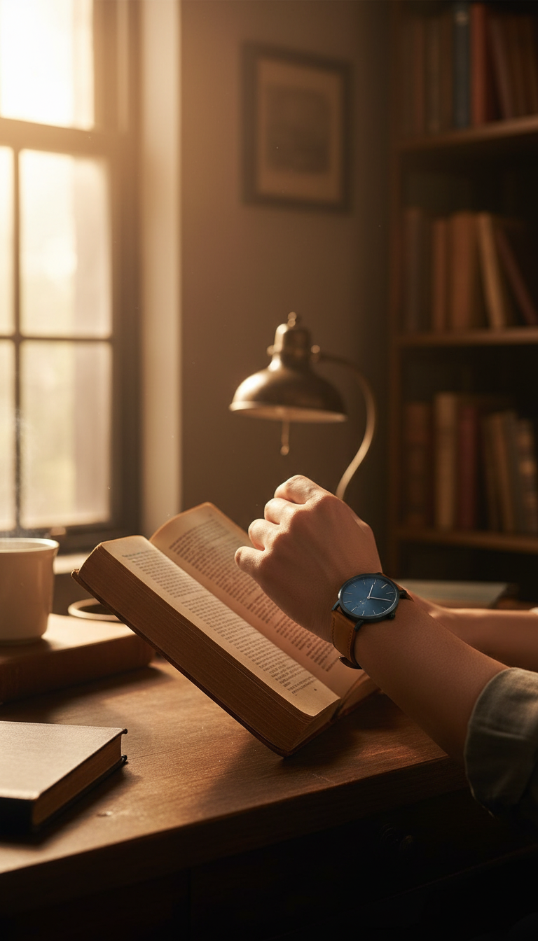 Steel blue minimalist watch and leather in use