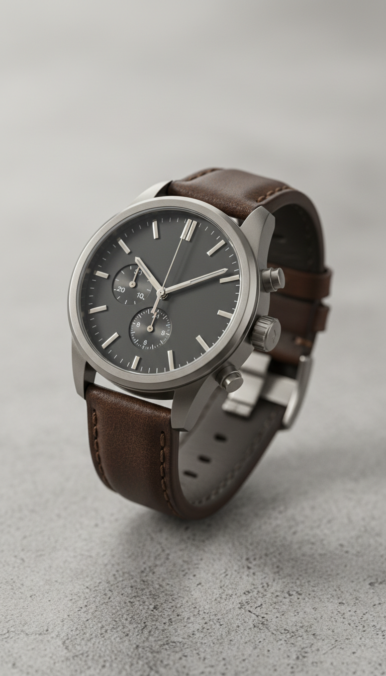 A leather and metal watch is centered in the frame, resting on a subtly textured surface. The watch is shown at a 3/4...