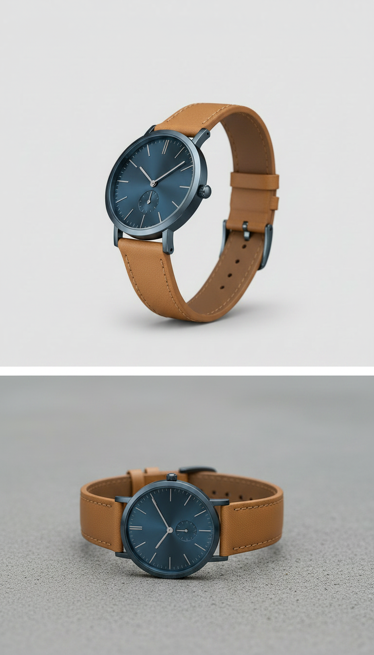 Alternate angle view of steel blue minimalist watch and leather